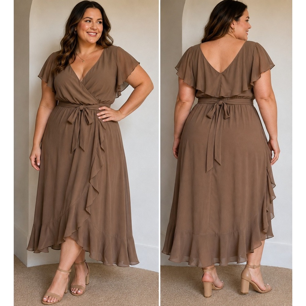 Show Me Your Mumu Rome Ruffle Wrap Dress Mocha Brown Maxi Bridesmaid 2X USA